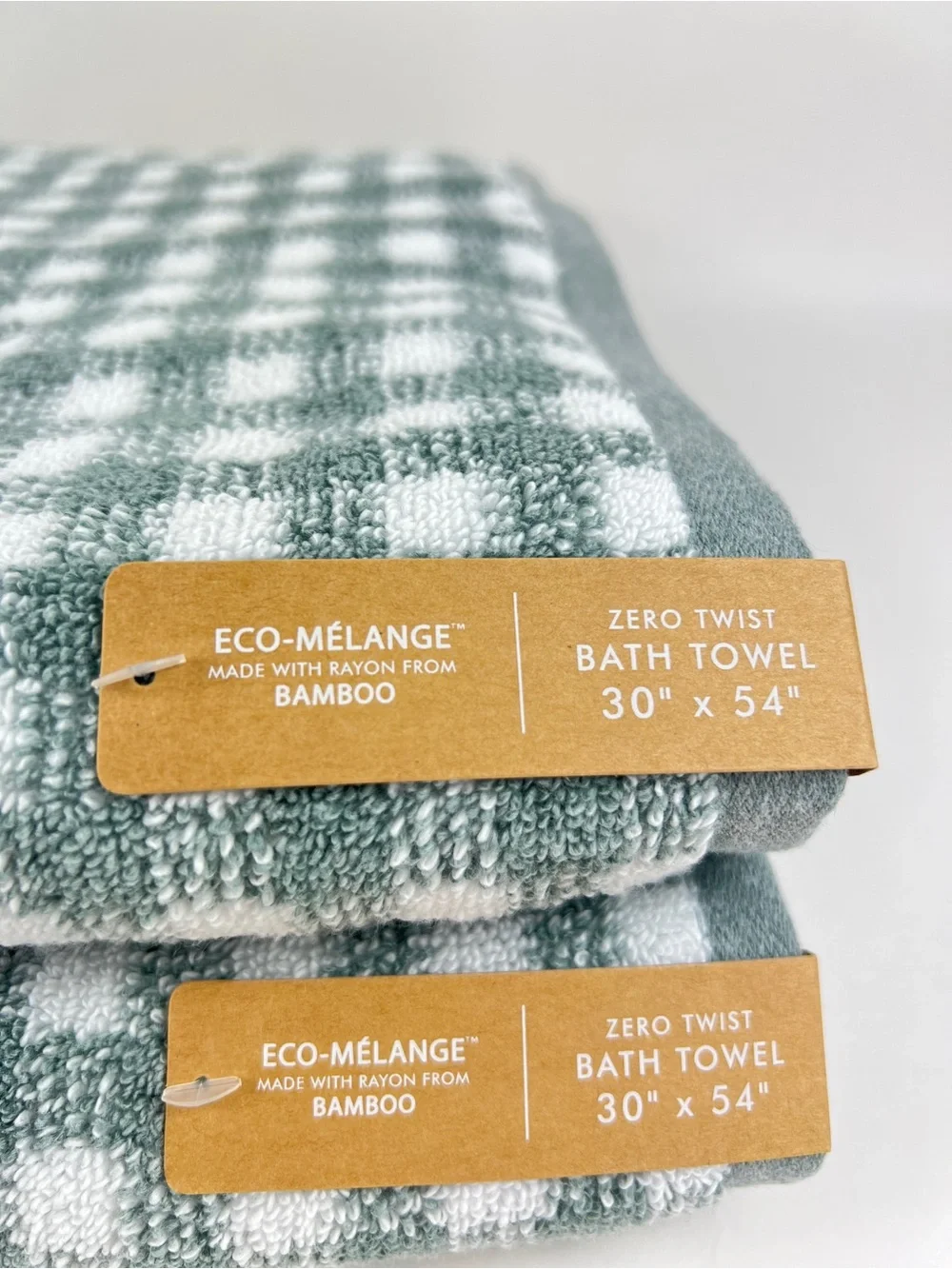 Common Thread Bath Towels Light Green White Check Eco-Melange Bamboo 2 Pc NEW